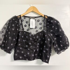 Sans Souci Sheer Black Floral Puff Sleeve Crop Top L Fairycore Whimsigoth